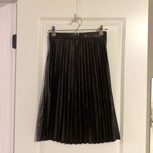 Black vegan leather pleated, midi a-line skirt